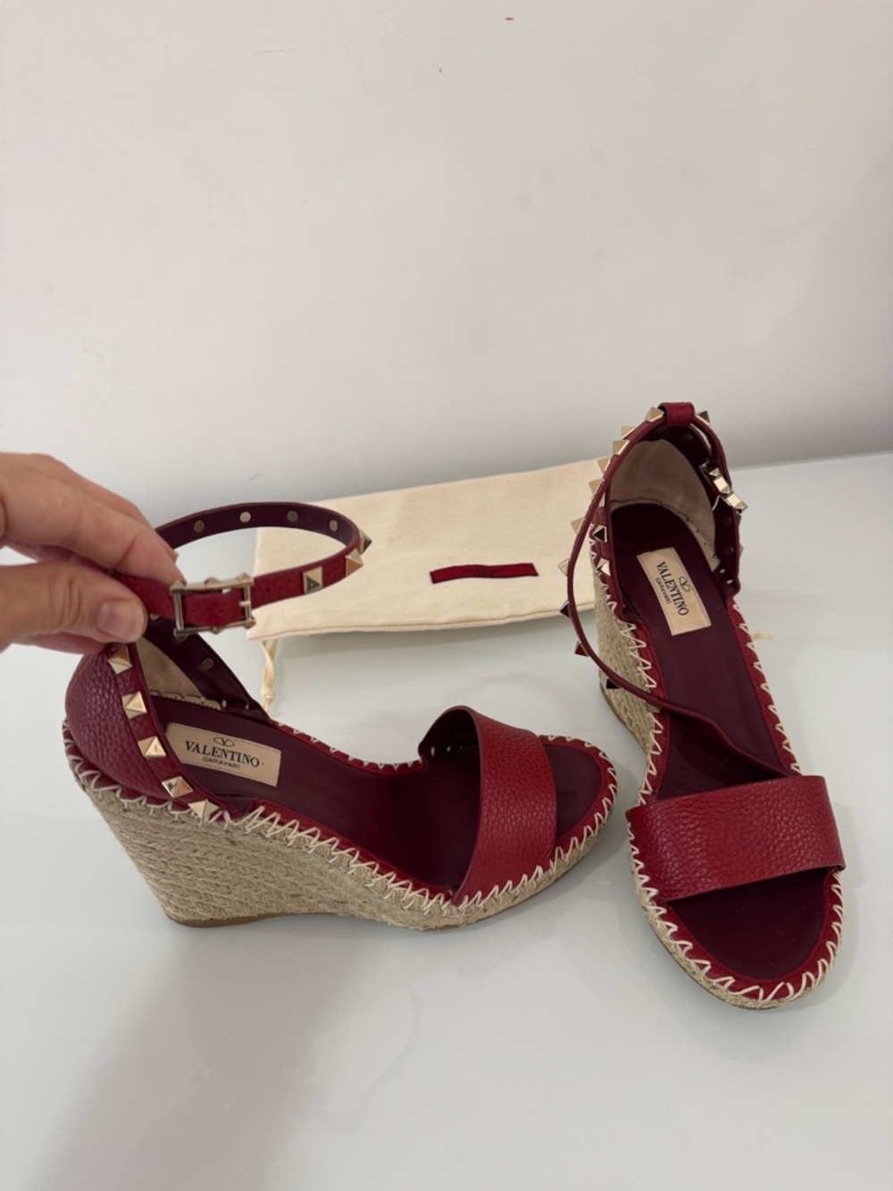 Valentino Red Leather Rockstud Espadrille Wedge Sandals 105 mm Size 37